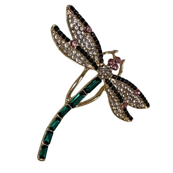 Crystal Rhinestone Dragonfly Brooch Green Tail - Picture 1 of 4